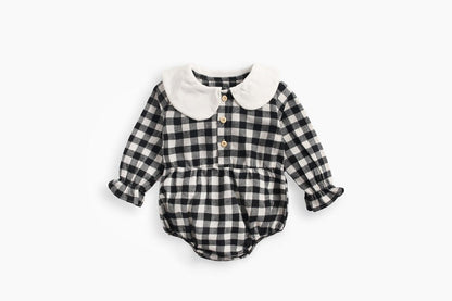 Baby Girl Plaid Pattern Doll Collar Design Long Sleeve Onesies With Buttons-5