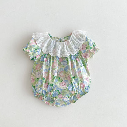 Summer New Arrival Baby Girls Floral Print Short Sleeves Ruffle Collar-0