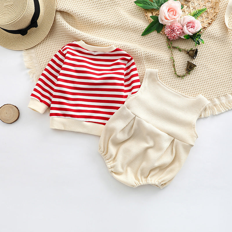 Baby Striped Pattern Shirt Combo Cartoon Graphic Corduroy Fabric Strap Onesies Sets-5