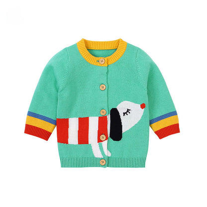 Baby Cartoon Dog Pattern Colorful Contrast Design Cardigan-2