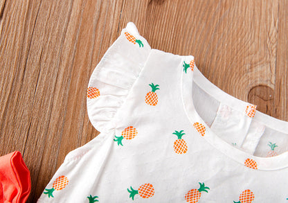 Baby Girl Fruit Print Drawstring Design Round Neck Onesies-5