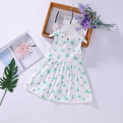 Baby Girls Floral Print Sleeveless Round Collar Dress In Summer-5