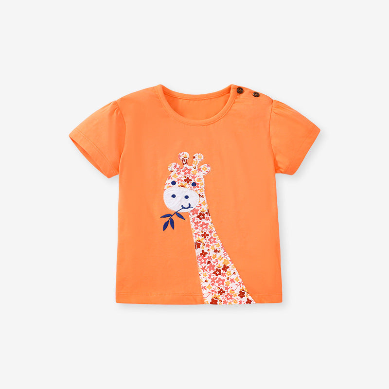 Girls’ Clothing Summer Collection – Floral Giraffe Pattern Children’s T-Shirt-0