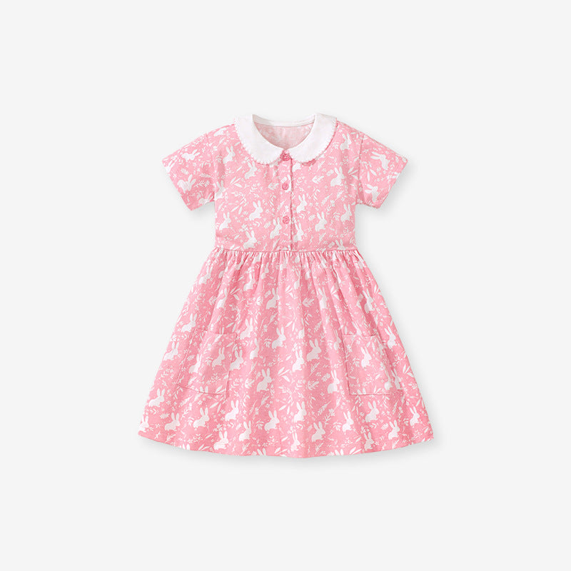 Baby Kids Girls Pink Short Sleeves Dress With Rabbits And Flowers Pattern-0