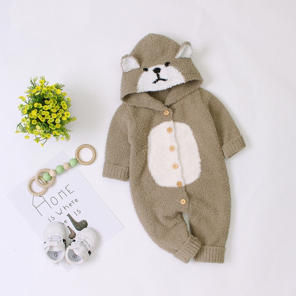 Baby Cartoon Bear Style Button Front Design Long Sleeve Plush Rompers-0