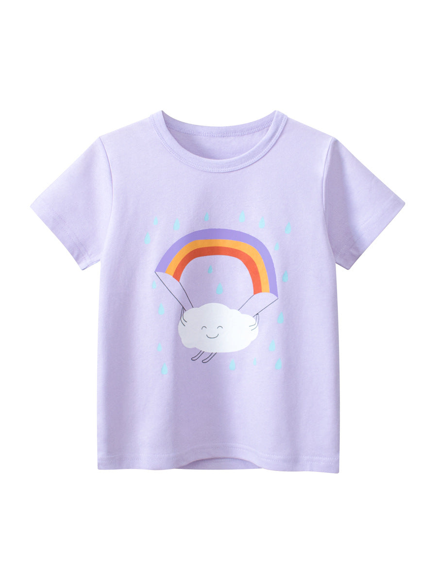 Cartoon Rainbow Cloud Print Girls’ T-Shirt In European And American Style For Summer-0