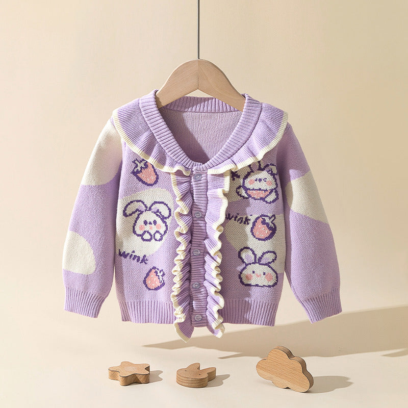 Baby Girl Flower Graphic Mesh Design V-Neck Knit Cardigan-4