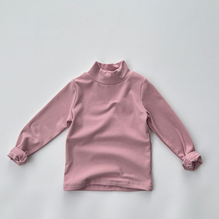 Baby Solid Color High Neck Long Sleeve Pullover Shirt Tops-4