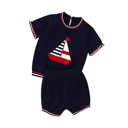 Baby Boy Embroidered Graphic Striped Neck &amp; Sleeve Design Tee Combo Shorts Sailor Style Sets-4