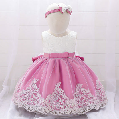 Baby Girl Floral Mesh Overlay Design Princess Full Moon Formal Dress &amp; Headband-15