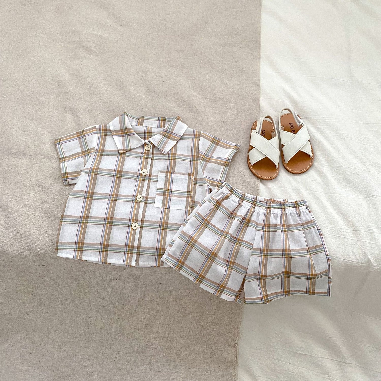 Summer Baby Kids Boys Plaid/Striped Pattern Turn-Down Collar Shirt And Shorts Clothing Set-2