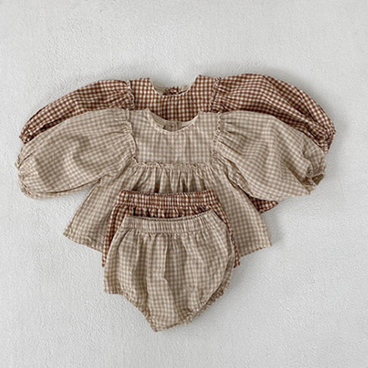 Baby Girl Plaid Pattern Loose Blouses WIth Shorts Headband 3 Pieces Sets-4