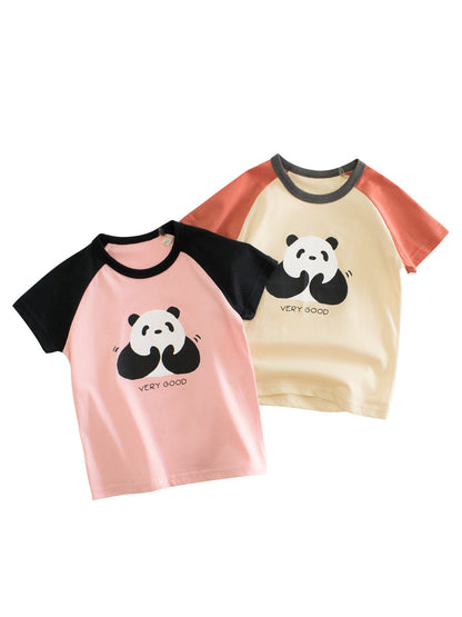 Panda Clapping Printing Girls’ Patchwork T-Shirt For Summer-0