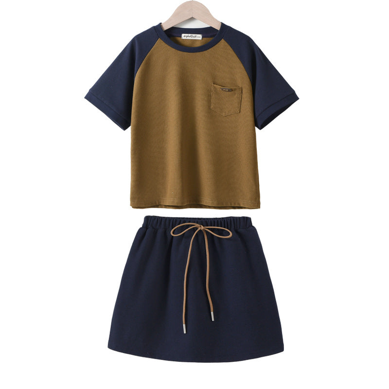 Summer Hot Selling Girls Color Patchwork Short Sleeves T-Shirt And Solid Color Skirt Clothing Set-0