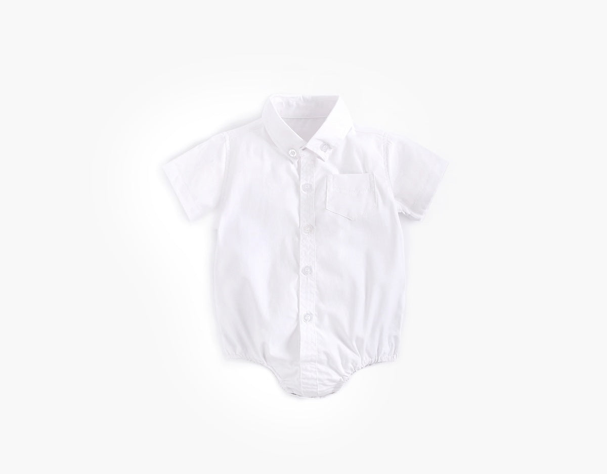 Baby Boy Solid Color Buttoned Shirt With Pockets Short Sleeve Onesies Online In Summer-5