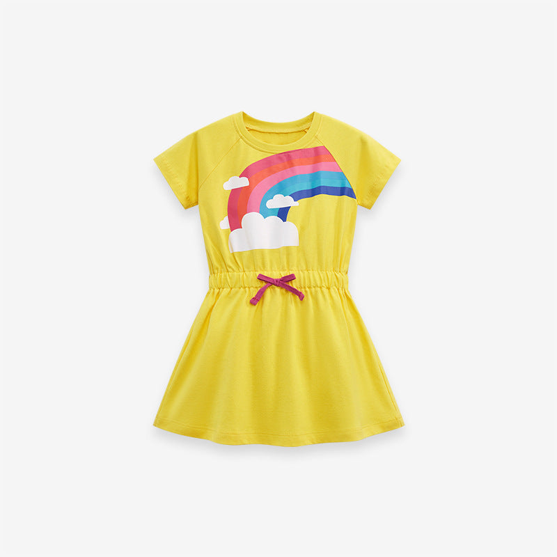 Baby Kids Girls Crew Neck Rainbow Clouds Print Short Sleeves Dress-4