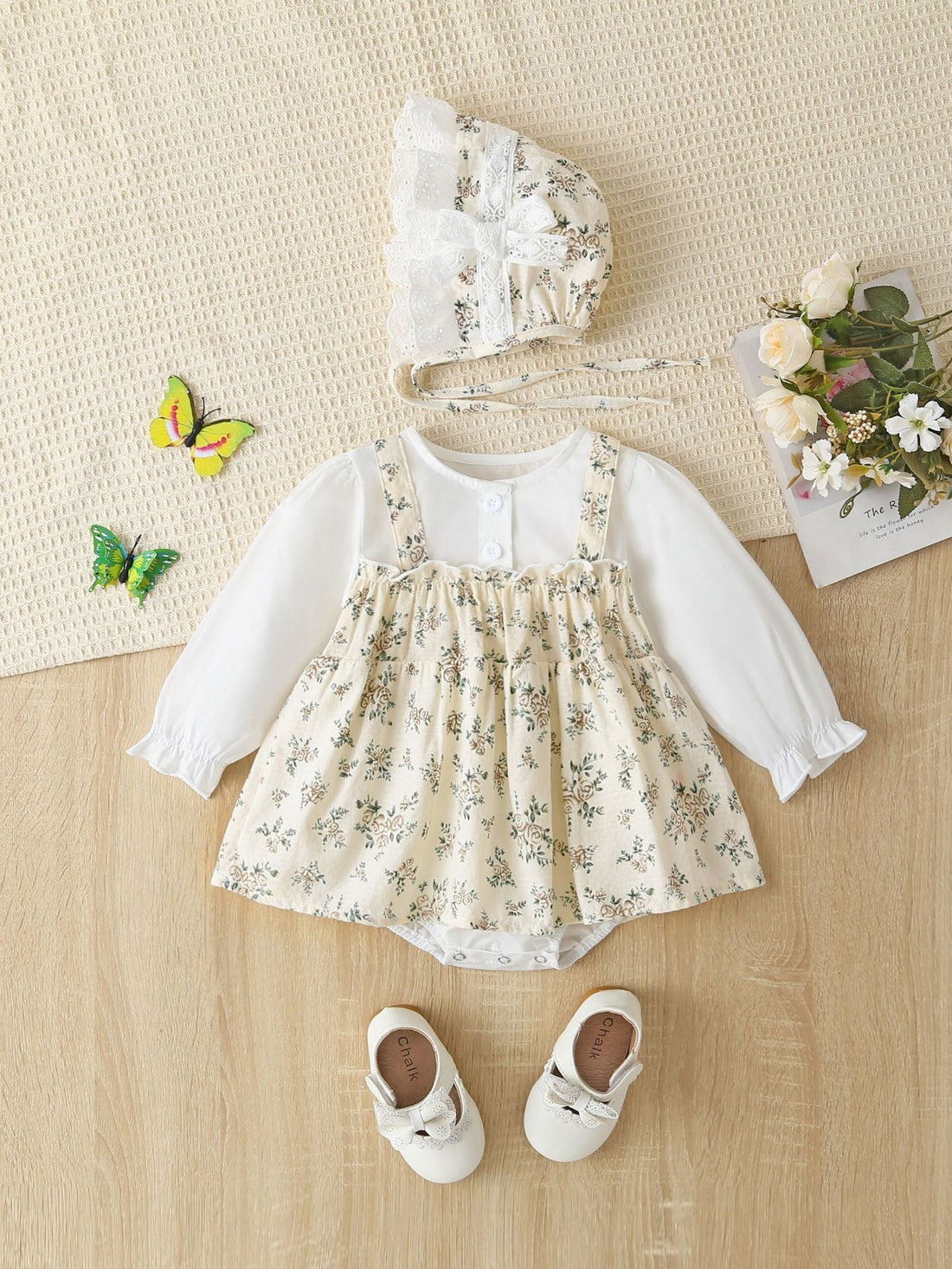 Baby Girl Floral Pattern Round Neck Long Sleeve Onesie Dress-0