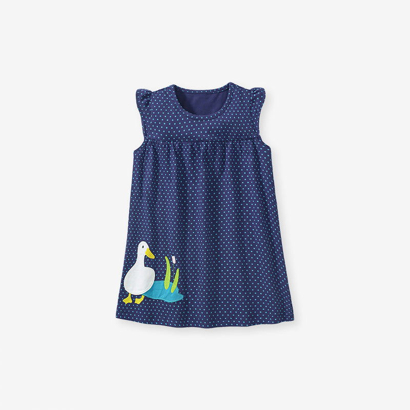 Summer New Design Girls Sleeveless Duck Pattern Blue Dots Dress-1