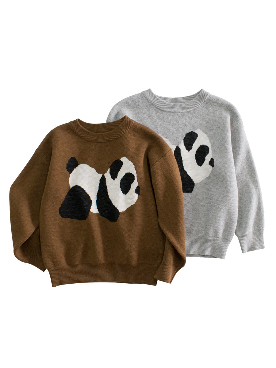 Baby Boy Kids Panda Pattern Crew Neck Long Sleeves Knitwear Pullover-0