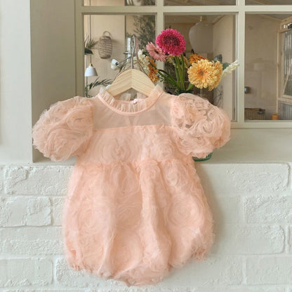 Summer Hot Selling Baby Kids Girls Short Sleeves Ruffle Neck Thin Floral Mesh Princess Dress-5