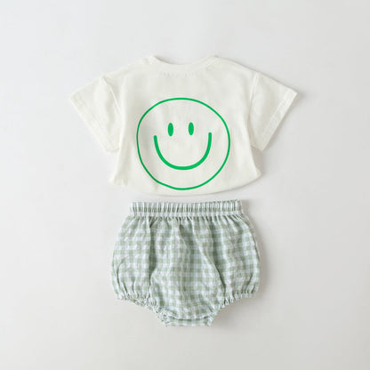 Baby Smiley Print Pattern Solid Tee Combo Plaid Pattern Triangle Shorts Sets-5