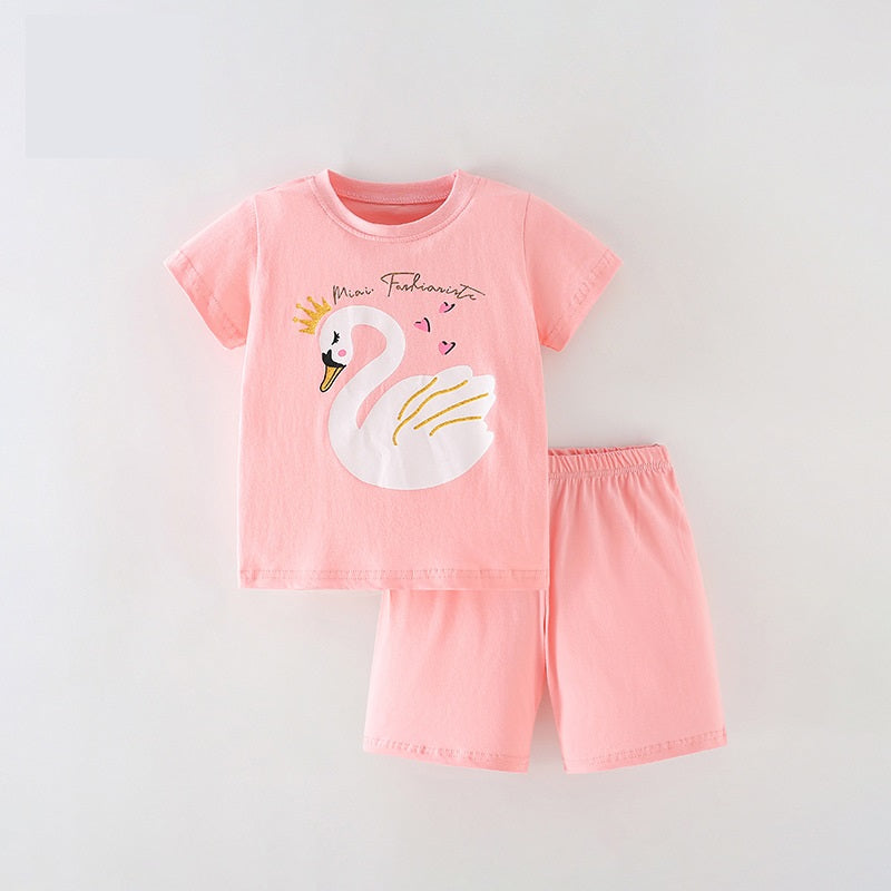 Girls Swan Queen Print T-Shirt And Shorts Set-0