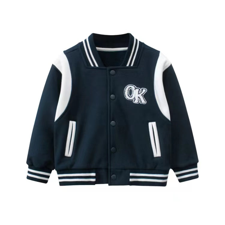 Baby Boy Letters Embroidered Pattern Contrast Design Baseball Coat-0