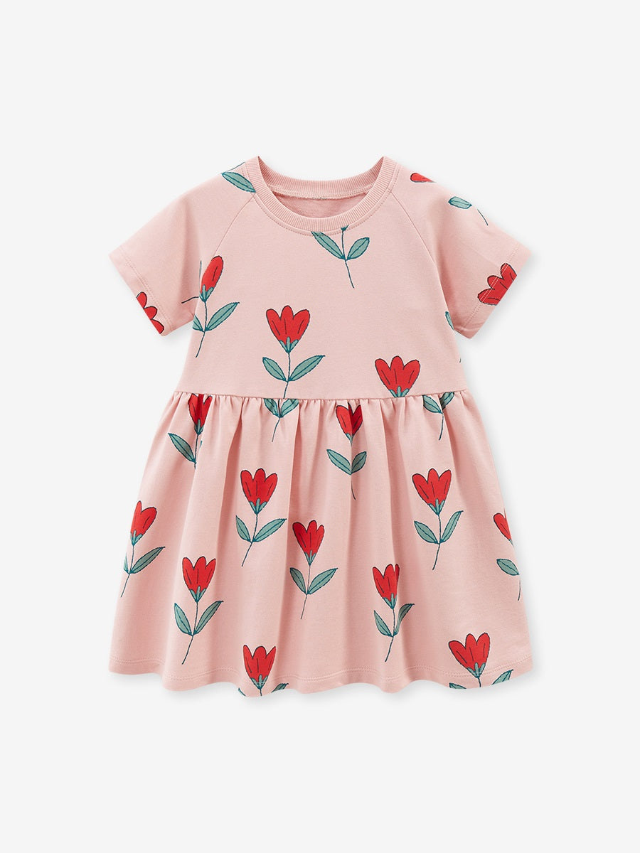 Spring And Summer Baby Girls Pink Short Sleeves Flowers Collection Dress-4