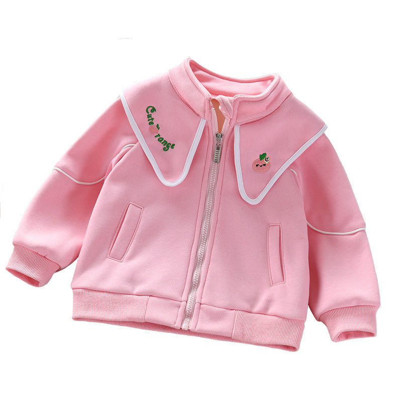 Baby Girl Embroidered Lapel Design Solid Color Quality Coat-4