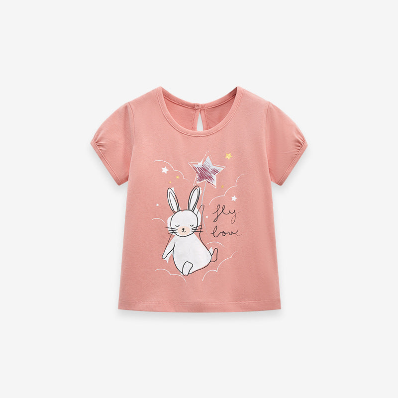 Round Neck Rabbit Cartoon Girls’ T-Shirt In European And American Style For Summer-0