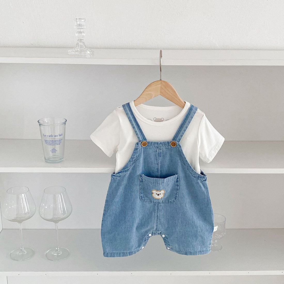 New Arrival Summer Baby Kids Unisex Teddy Bear Pattern Short Sleeves T-Shirt And Thin Denim Overalls Romper – Baby Matching Clothing Set-0