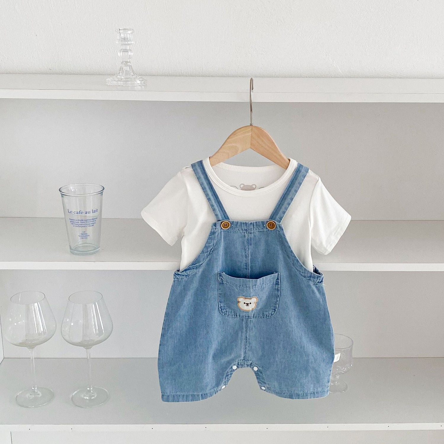 New Arrival Summer Baby Kids Unisex Teddy Bear Pattern Short Sleeves T-Shirt And Thin Denim Overalls Romper – Baby Matching Clothing Set-0