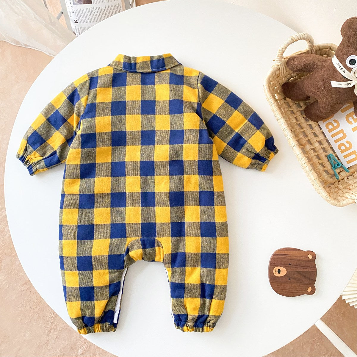 Baby Boy Plaid Pattern Snap Button Front Long-sleeved Thick Rompers-5