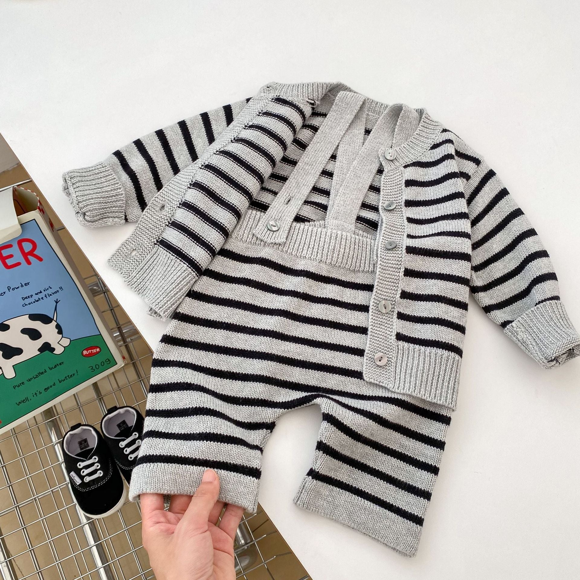 Autumn Striped Pattern Knitted Overalls Combo Cardigan Sets-4