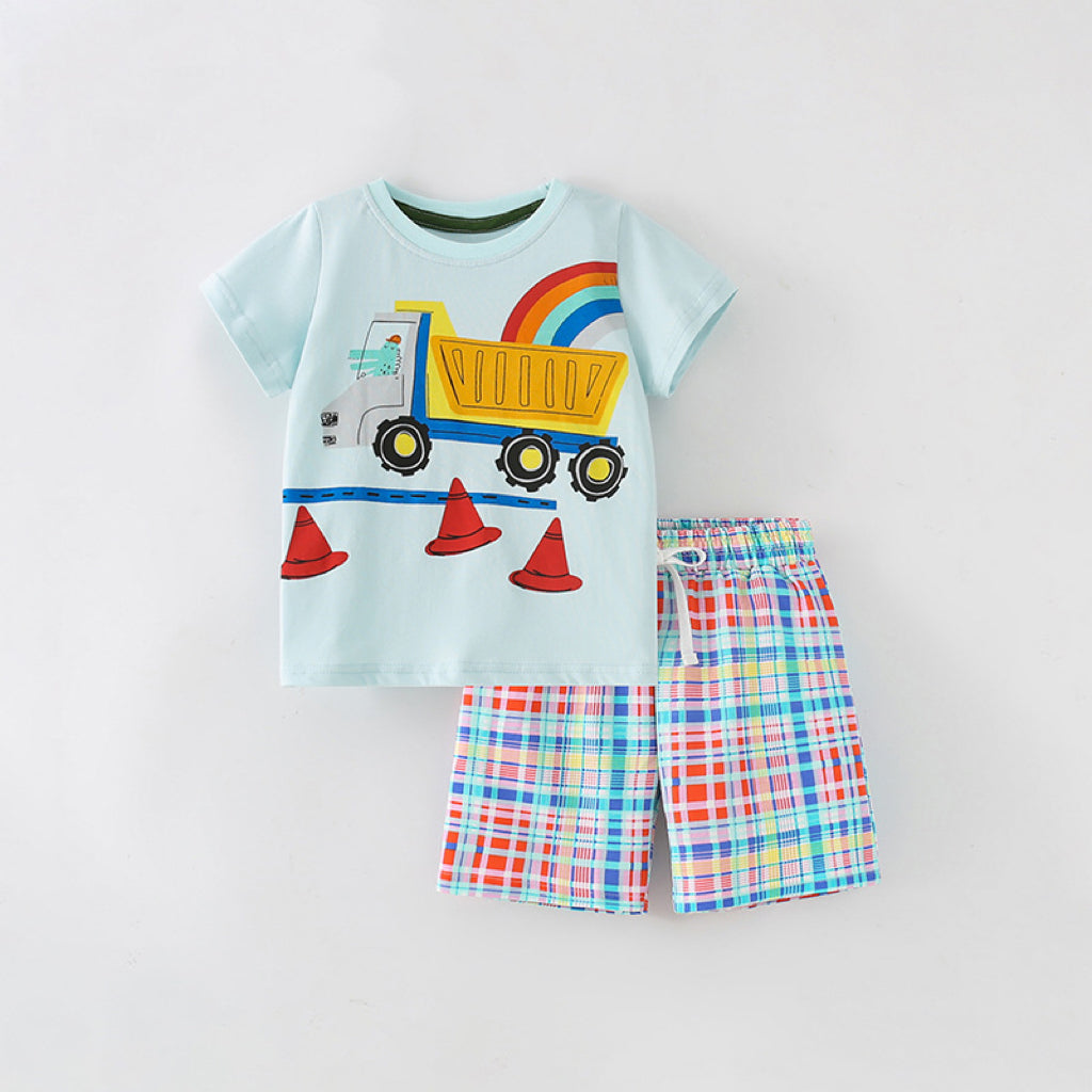 Baby Boy Car Print Pattern Blue Crewneck Summer Clothing Sets-4