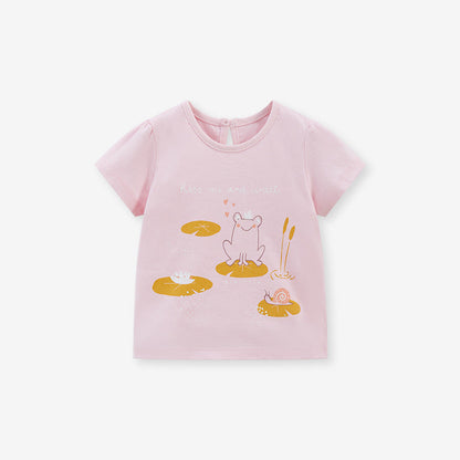 Cute Knit Round Neck Animals On Lotus Leaves Printing Girls’ T-Shirt In European And American Style For Summer-4