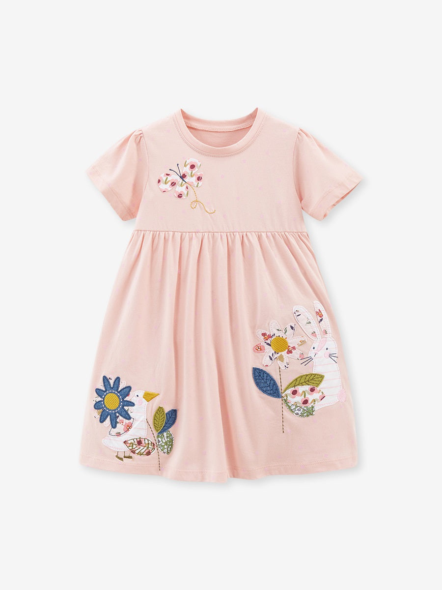 Spring And Summer Baby Girls Short Sleeves Flowers And Animals Collection Dress-4