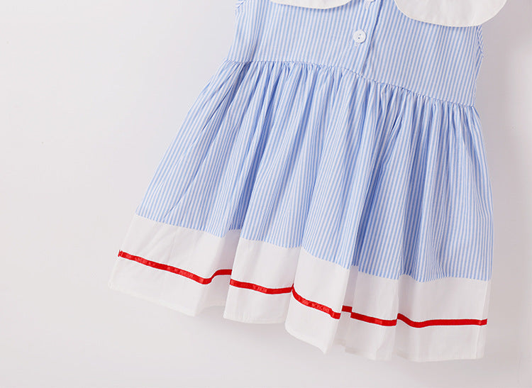 Baby Girl Cherry Embroidery Pattern Color Blocking Lapel Design Sleeveless Dress-5