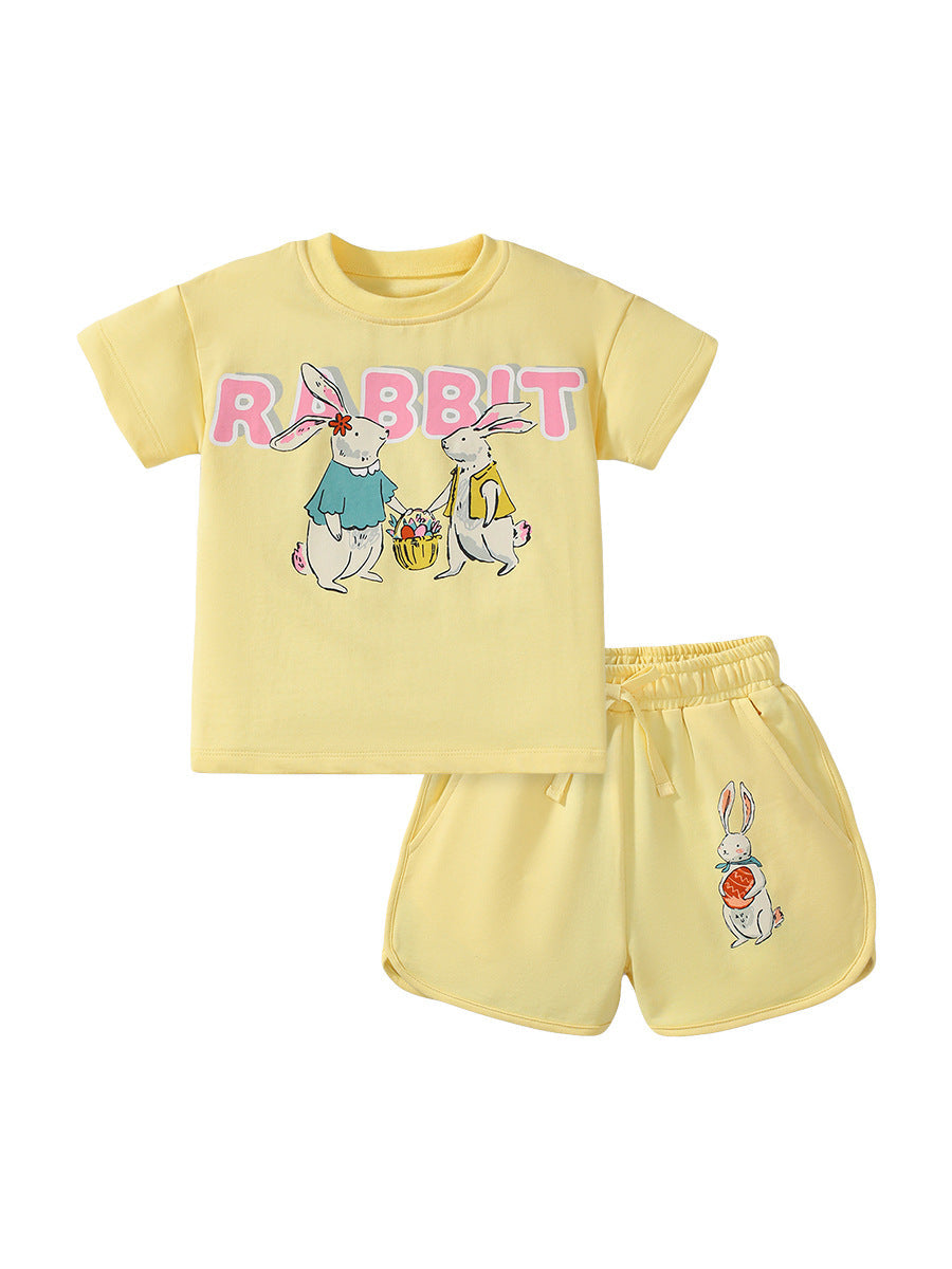 Summer Baby Kids Girls Rabbits Cartoon Print T-Shirt And Shorts Clothing Set-0