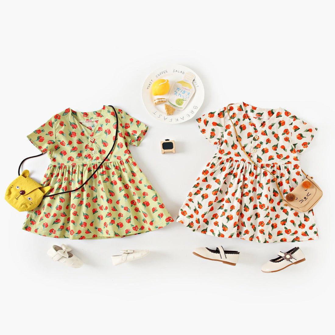 Summer New Arrival Baby Girls Elegant Floral Pattern Short Sleeves V Neck Dress-0