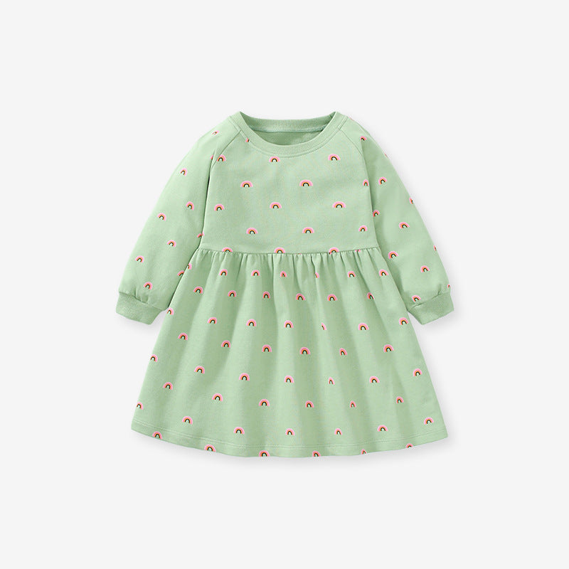 Hot Selling Spring Baby Girls Long Sleeves Rainbow Print Crew Neck Green Dress-0