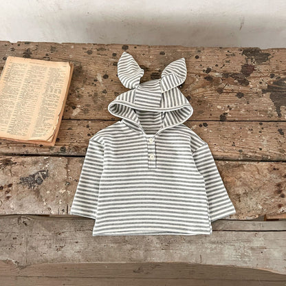 Spring Baby And Kids Unisex Striped Hoodie Top And Rabbit Cartoon Overalls Romper Clothing Set-5