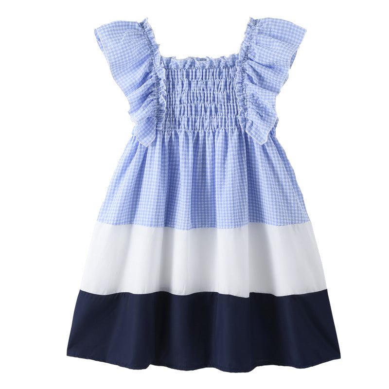 Hot Selling Summer Kids Girls French Style Color Patchwork Plaid Cotton Sleeveless Dress-0