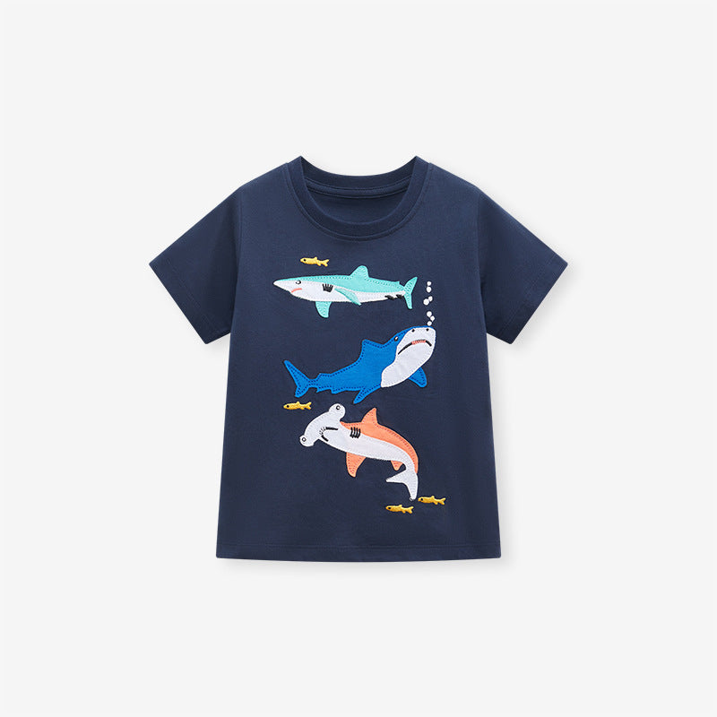 Round Neck Sharks Cartoon Boys’ T-Shirt In European And American Style For Summer-4