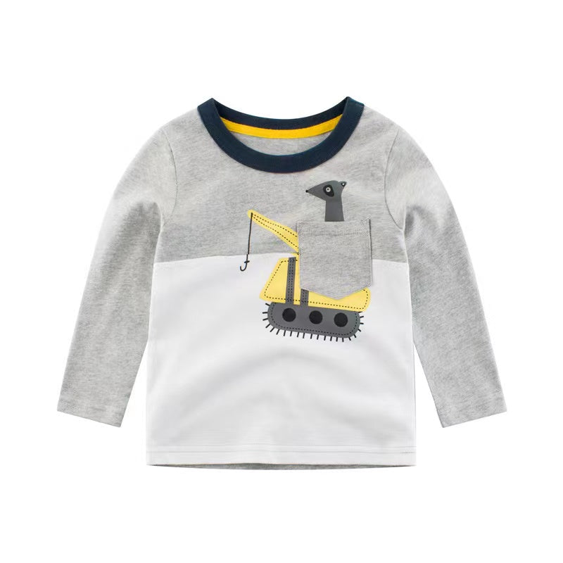 Baby Boy Cartoon Excavator &amp; Animal Pattern Contrast Design Shirt-4