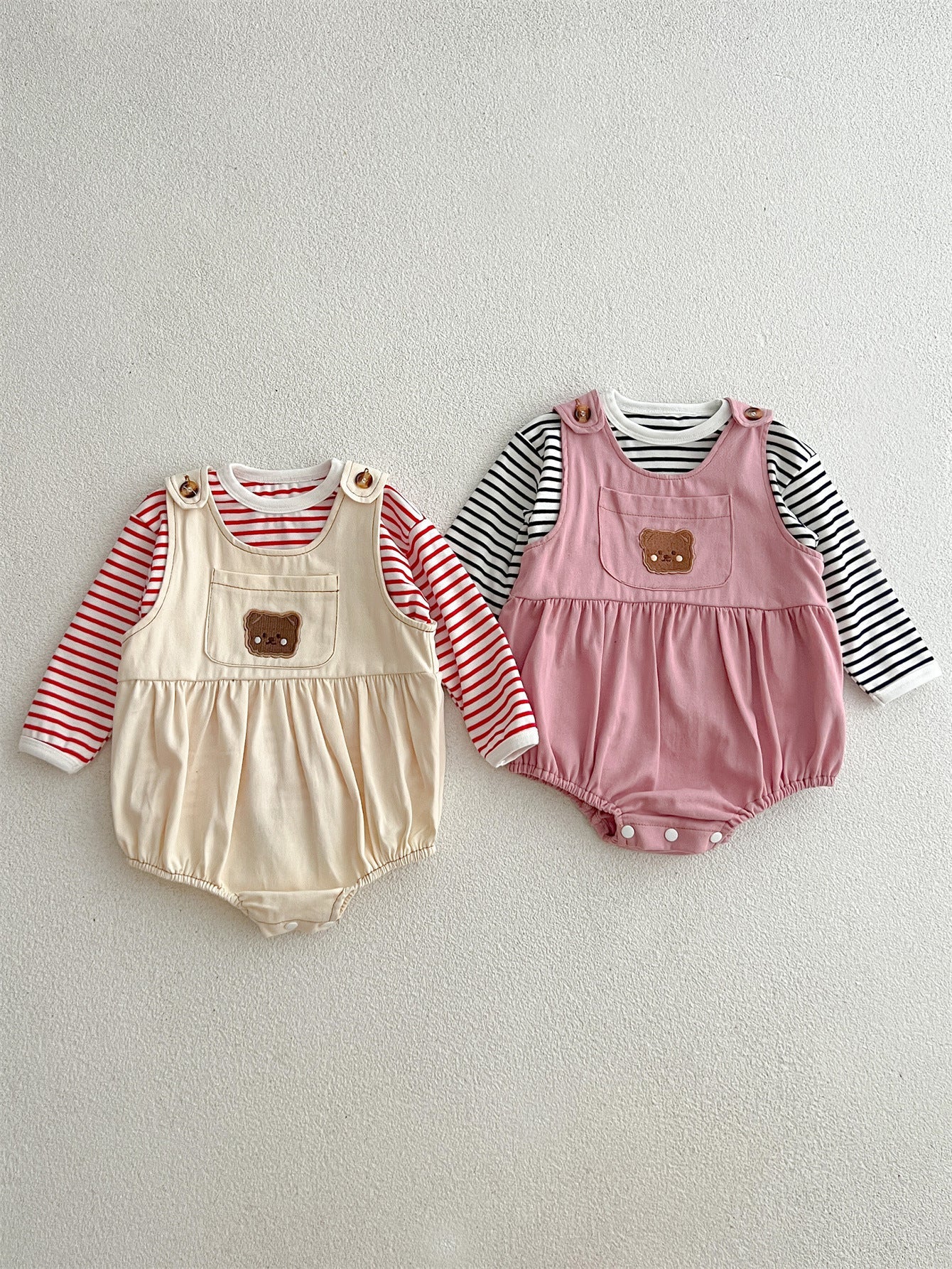 Baby Girls Cute Teddy Overalls Onesie And Striped Top Set-4