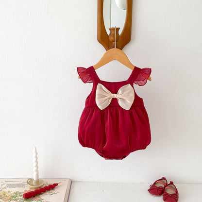New Design Summer Baby Kids Girls Red Sleeveless Big Bow Strap Onesies-4