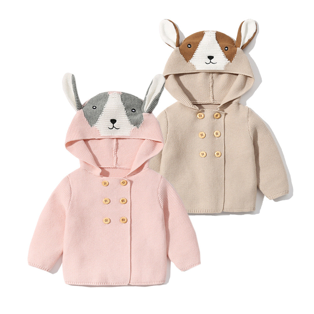 Baby Solid Color Cartoon Design Hooded Knitted Fashion Cardigan-0