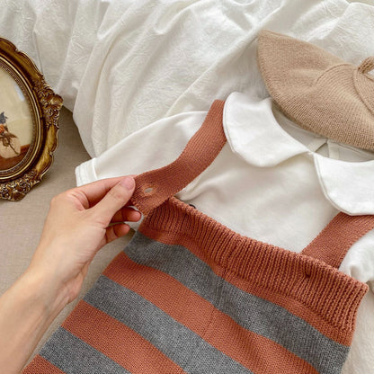 Autumn Newborn Striped Overalls Combo Blouses Sets-5