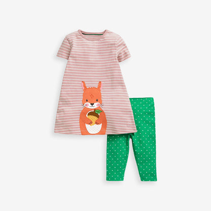 Summer Baby Kids Girls Squirrel Pattern Striped Dress And White Dots Pants Clothing Set-1